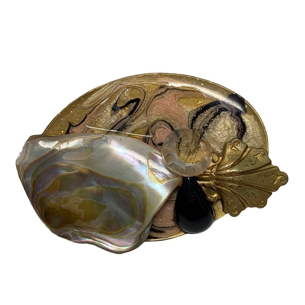 Vintage Gold Tone Mother of Pearl Abalone Shell Oval Brooch